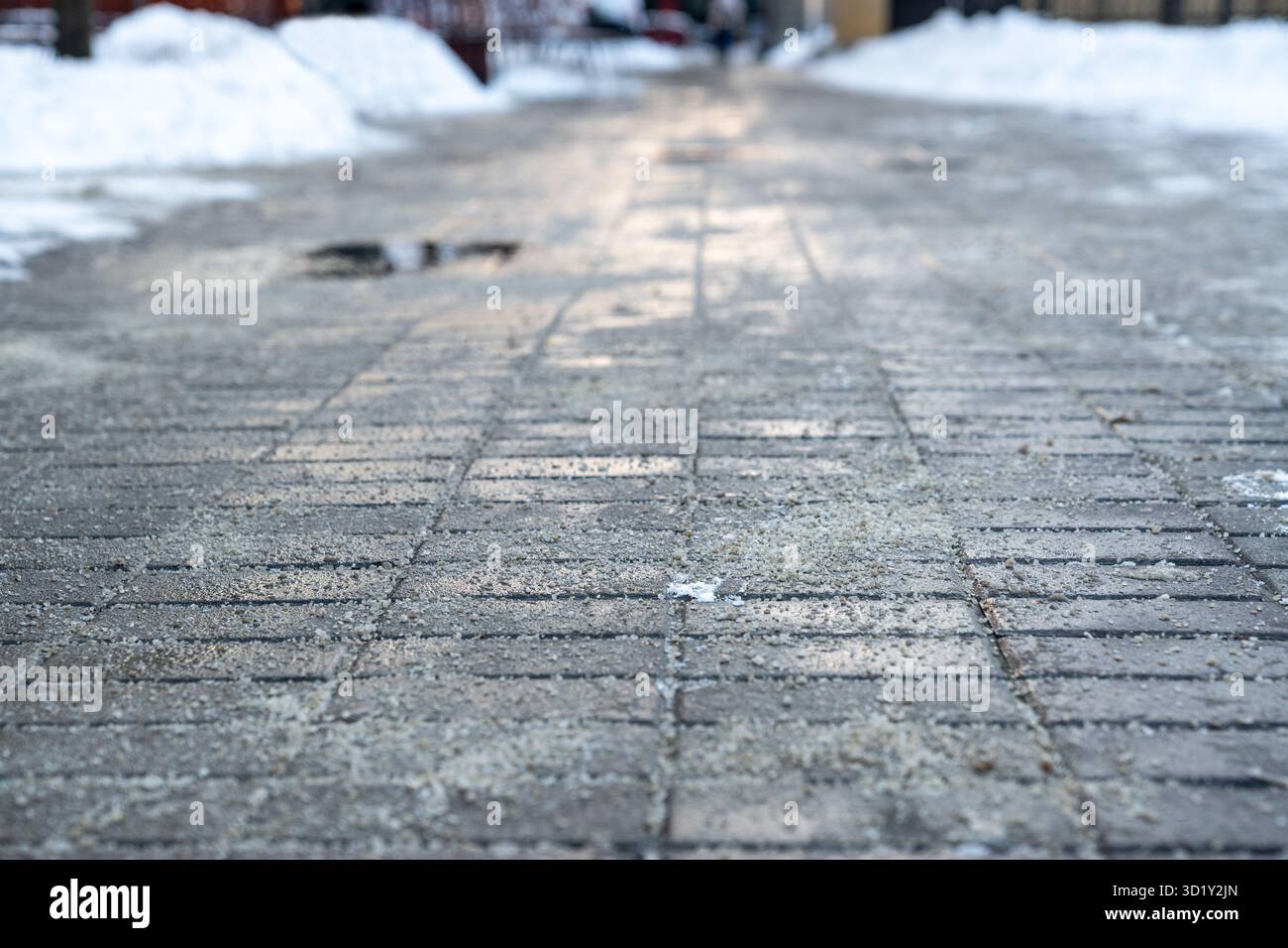 Surface de la route traitée avec du sel technique pour empêcher la formation de glace, flaques de sel sur la route Banque D'Images