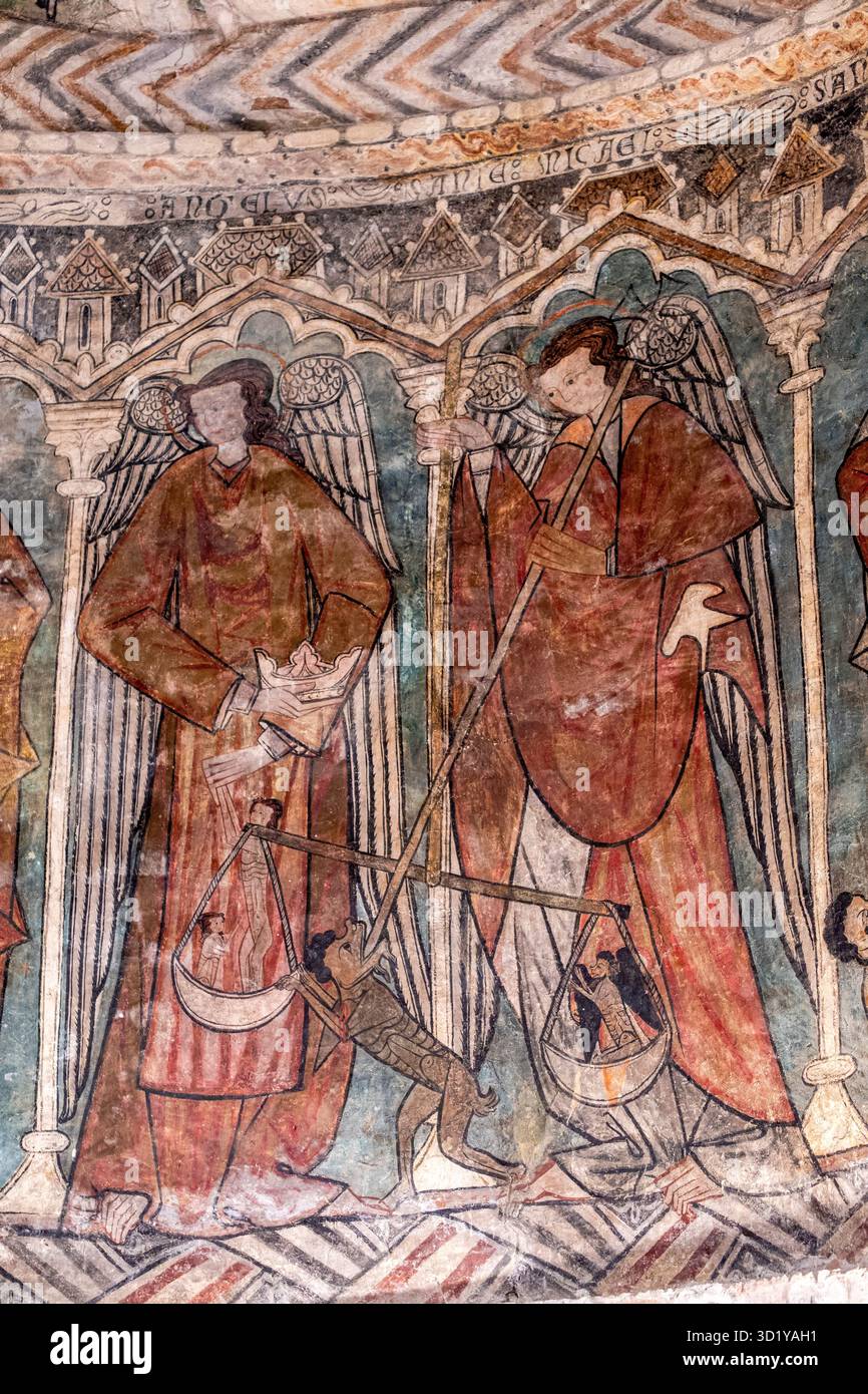 Peintures gothiques, pesée des âmes, Eglise de San Martín de Tours, Gazeo, Álava, Espagne, Europe Banque D'Images