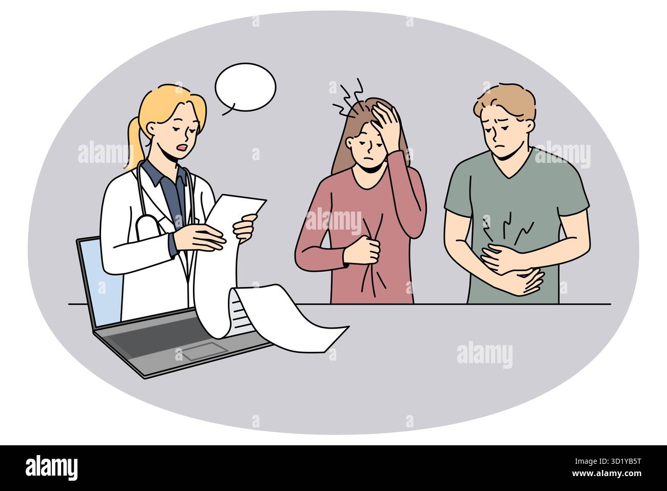 Patients frustrés confondus avec une longue recette de prescription médicale. Malades malheureux personnes avec la douleur choquée avec la recette de thérapeute en ligne. Vecteur Ill Banque D'Images