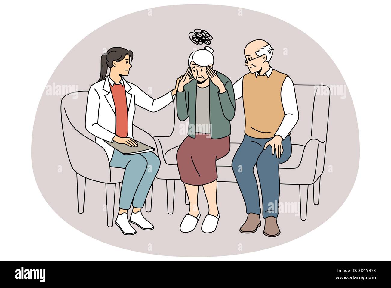 Female doctor helping elderly woman suffering from memory loss. Therapist talk with mature grandmother struggling with Alzheimer disease or dementia. Banque D'Images