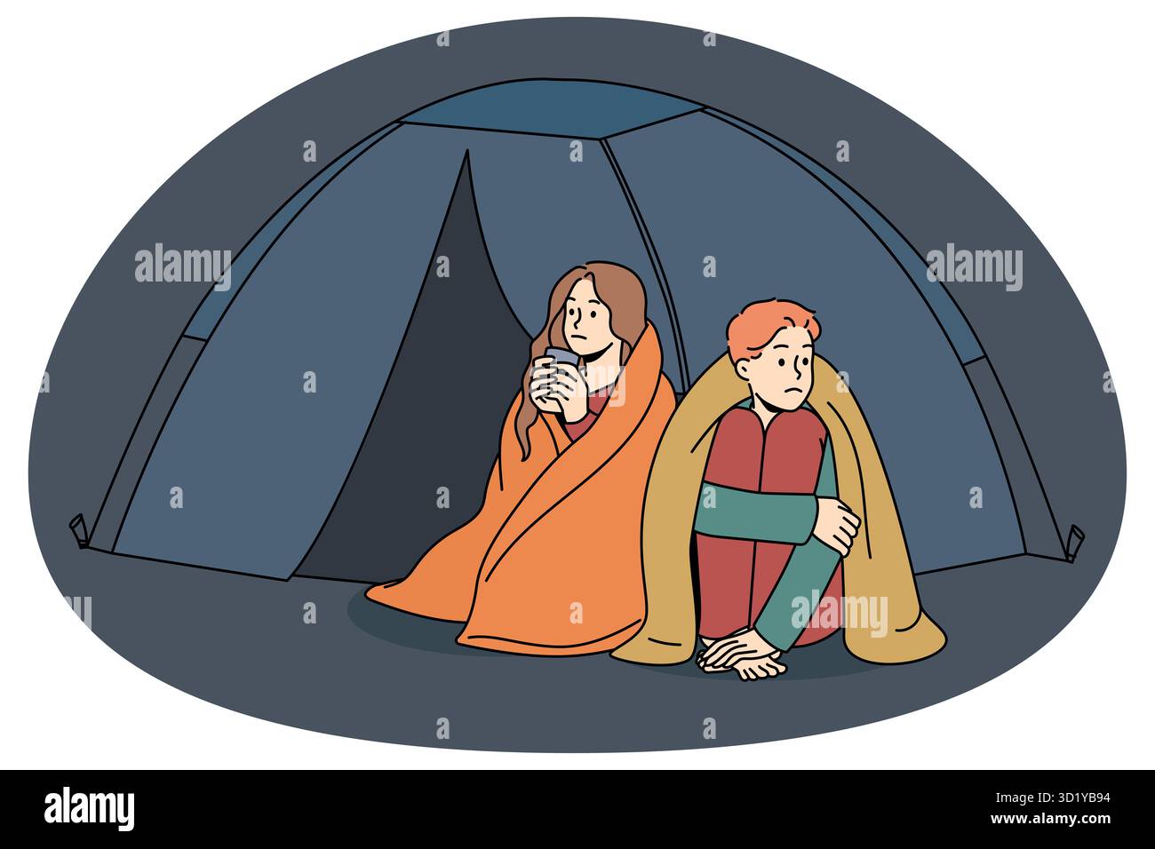 Un homme et une femme confus qui dorment dans une tente à l'extérieur vivent pour la charité ou le don. Réfugiés de couple malheureux dans le camp dans la rue. Problème des sans-abri. Vecteur illu Banque D'Images