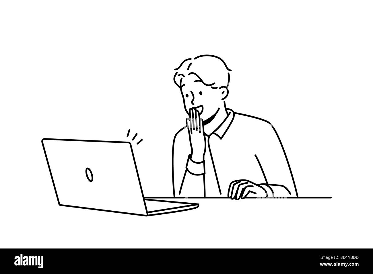 Bon employé de sexe masculin regarde l'écran d'ordinateur portable avec de bonnes nouvelles en ligne. Homme d'affaires souriant choqué par un message agréable sur l'ordinateur. Vecteur illustrat Banque D'Images