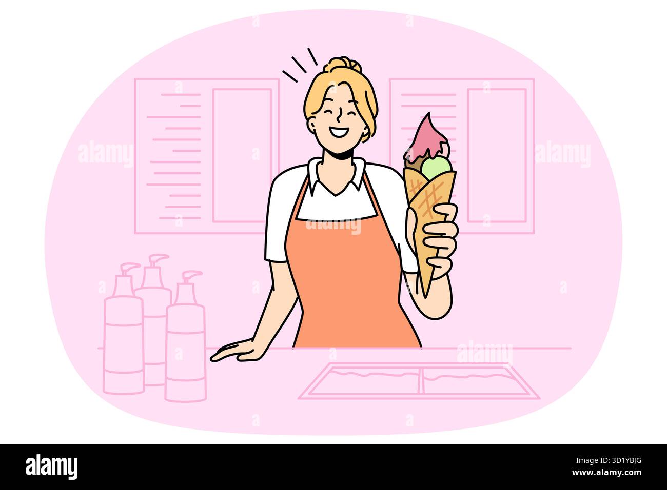 Fille souriante vendeur stretch main avec glace-crème de la rue vendeur. Une femme heureuse donne un dessert surgelé. Commerce et petite entreprise. Illustration vectorielle. Banque D'Images