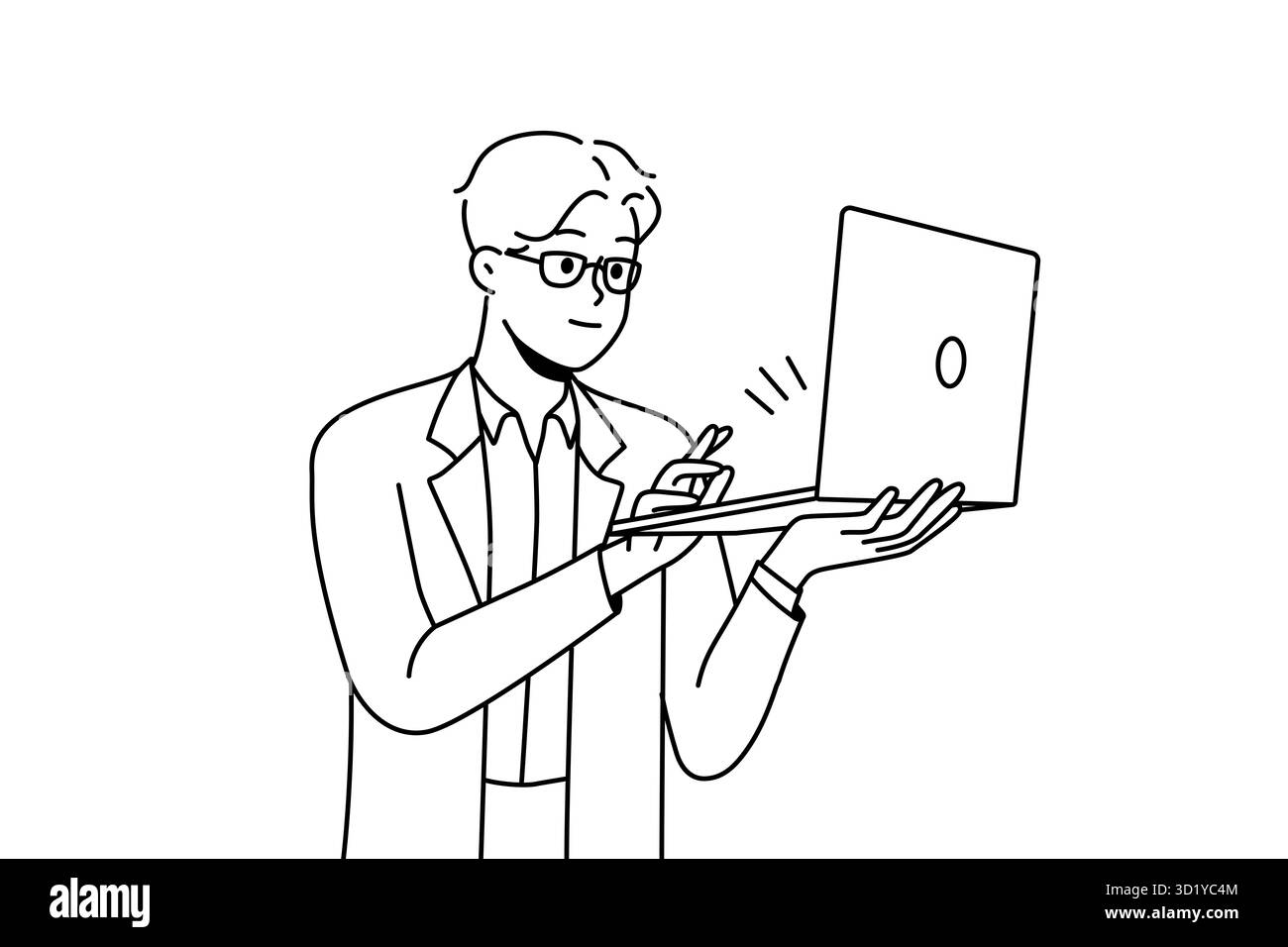 Jeune homme souriant en tenue formelle travaillant sur un ordinateur portable. Homme d'affaires heureux occupé en ligne sur l'ordinateur. Illustration vectorielle. Banque D'Images