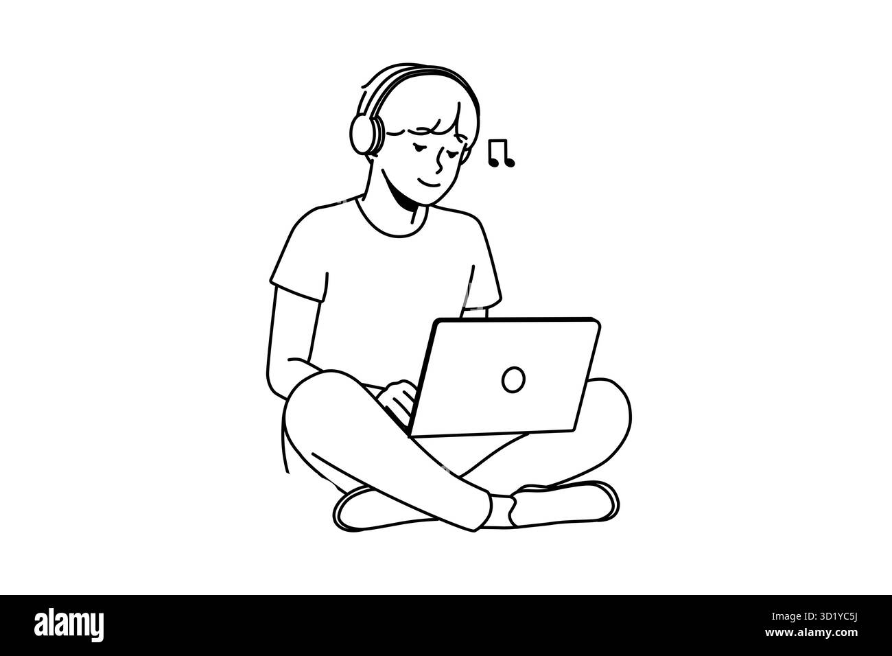 Un homme assis sur de l'herbe à l'extérieur travaillant sur un ordinateur portable portant des écouteurs. Un homme heureux se détendre dehors avec un ordinateur écouter de la musique dans un casque. Illustration vectorielle Banque D'Images