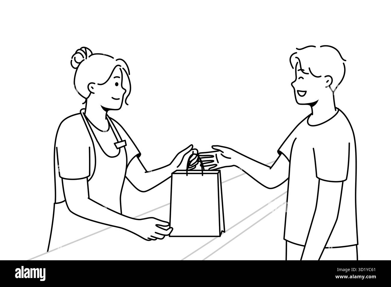Une caissière donne un sac en carton à un client homme heureux dans le magasin. Bonne femme vendeur main paquet à l'homme excité client dans le magasin. Vecteur illus Banque D'Images