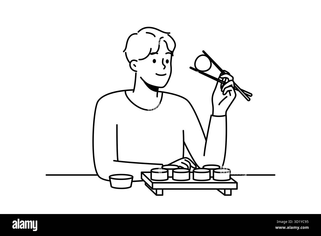 Un homme souriant s'assoit à table dans le restaurant où l'on mange des sushis avec des baguettes. Happy Guy appréciez la cuisine asiatique traditionnelle dans le café ou le bar. Illustration vectorielle. Banque D'Images