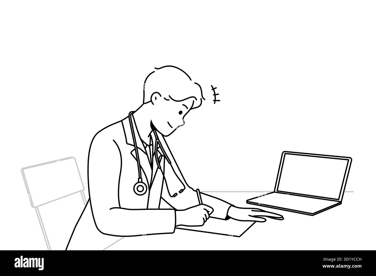 Un médecin de sexe masculin s'assoit au bureau dans le cadre d'un travail à l'hôpital sur un ordinateur portable et écrit une ordonnance au patient. Homme moderne GP en clinique Handwrite dans le journal médical. Médecine. Vect Banque D'Images