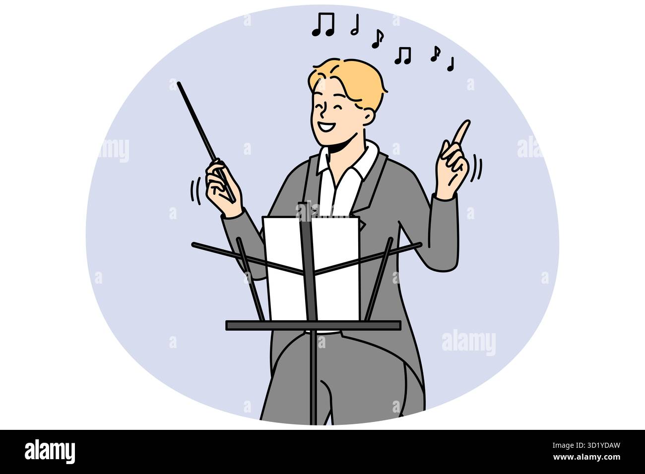 Un chef d'orchestre souriant en tenue de formalwear tient le bâton qui travaille dans la salle de concert. Joyeux musicien ou artiste avec la performance de conduite de bâton. Vecteur illustrat Banque D'Images