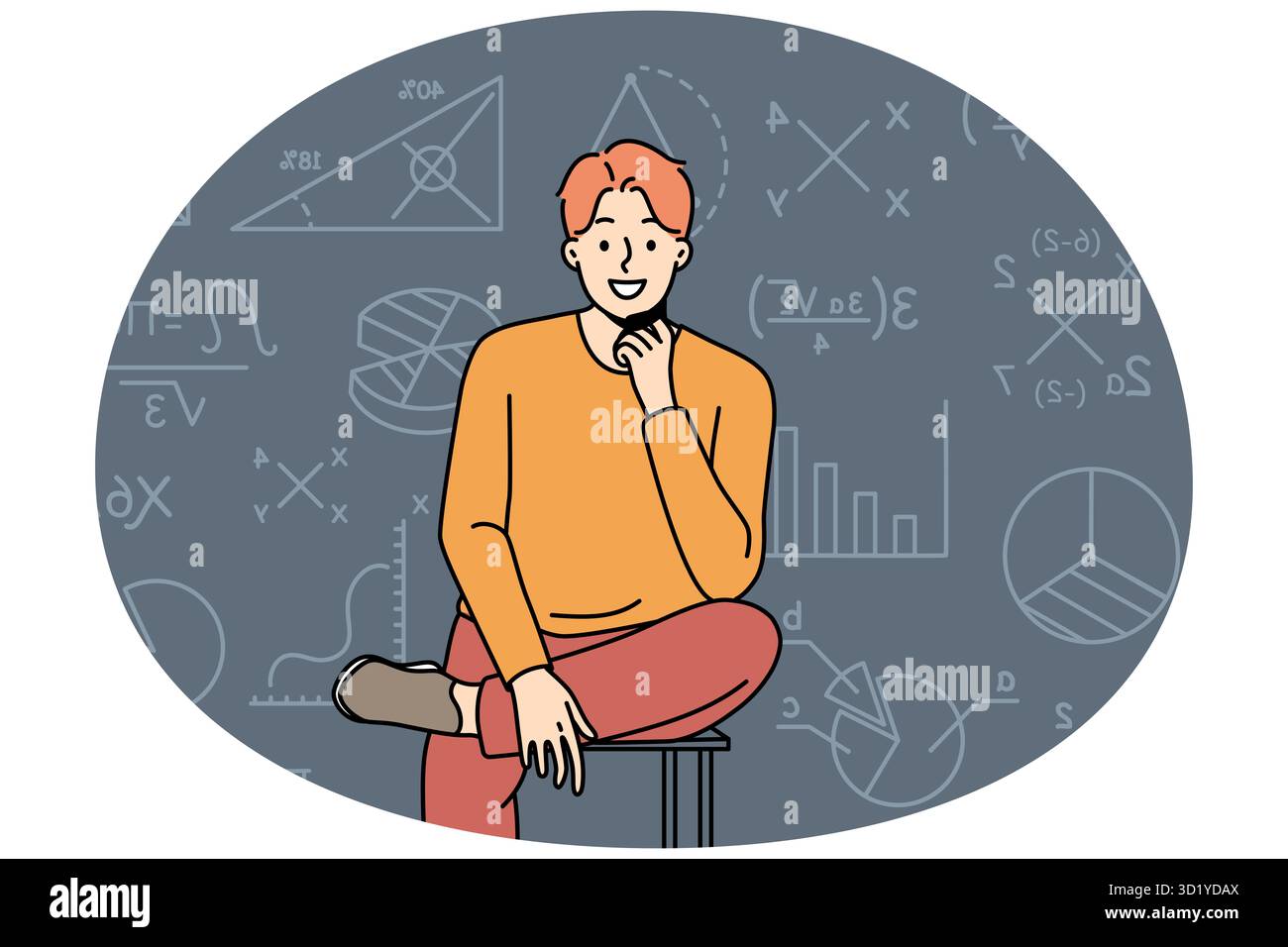 Un jeune homme souriant et intelligent s'assoit sur une chaise sur fond de formule mathématique. Professeur ou tuteur masculin intelligent et réussi à bord en classe. Illustration vectorielle Banque D'Images
