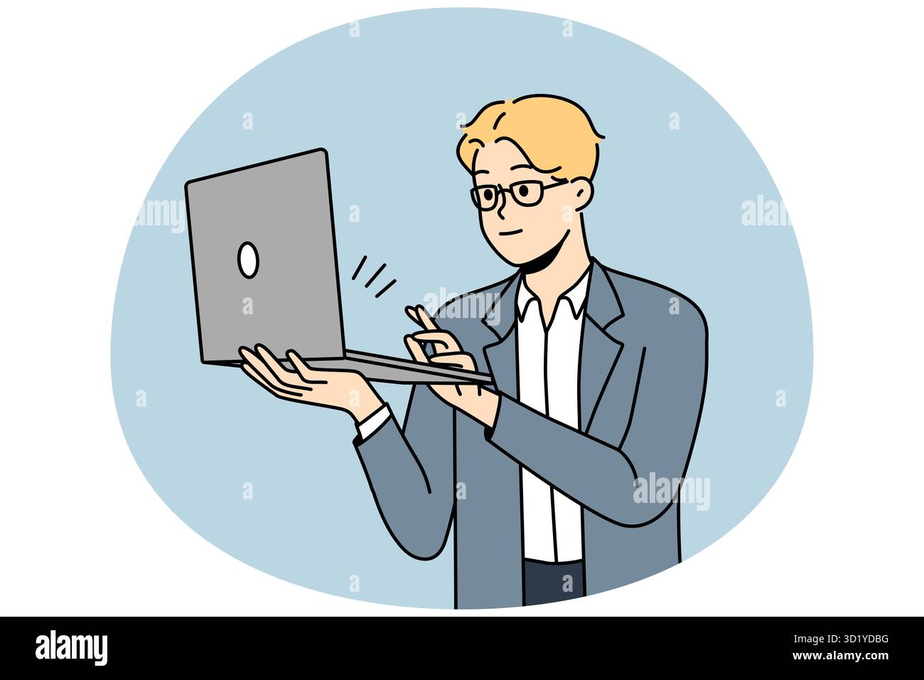 Jeune homme souriant en tenue formelle travaillant sur un ordinateur portable. Homme d'affaires heureux occupé en ligne sur l'ordinateur. Illustration vectorielle. Banque D'Images