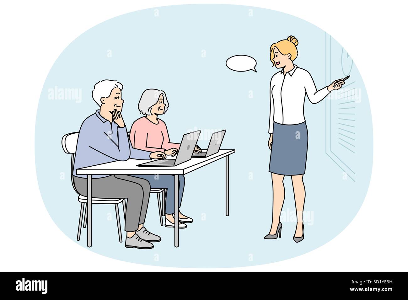 Recyclage, éducation supplémentaire pour les personnes âgées. Formation avancée pour les hommes et les femmes âgés. Jeune enseignante donne la classe de maître, séminaire pour PEN Banque D'Images