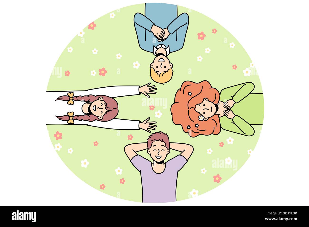 Les gars, les filles se trouvent sur l'herbe parmi les fleurs dans différentes directions, regarder le ciel, rire. Les amis passent du temps sur la pelouse. Vue de dessus. Bonjour printemps, concept été Banque D'Images