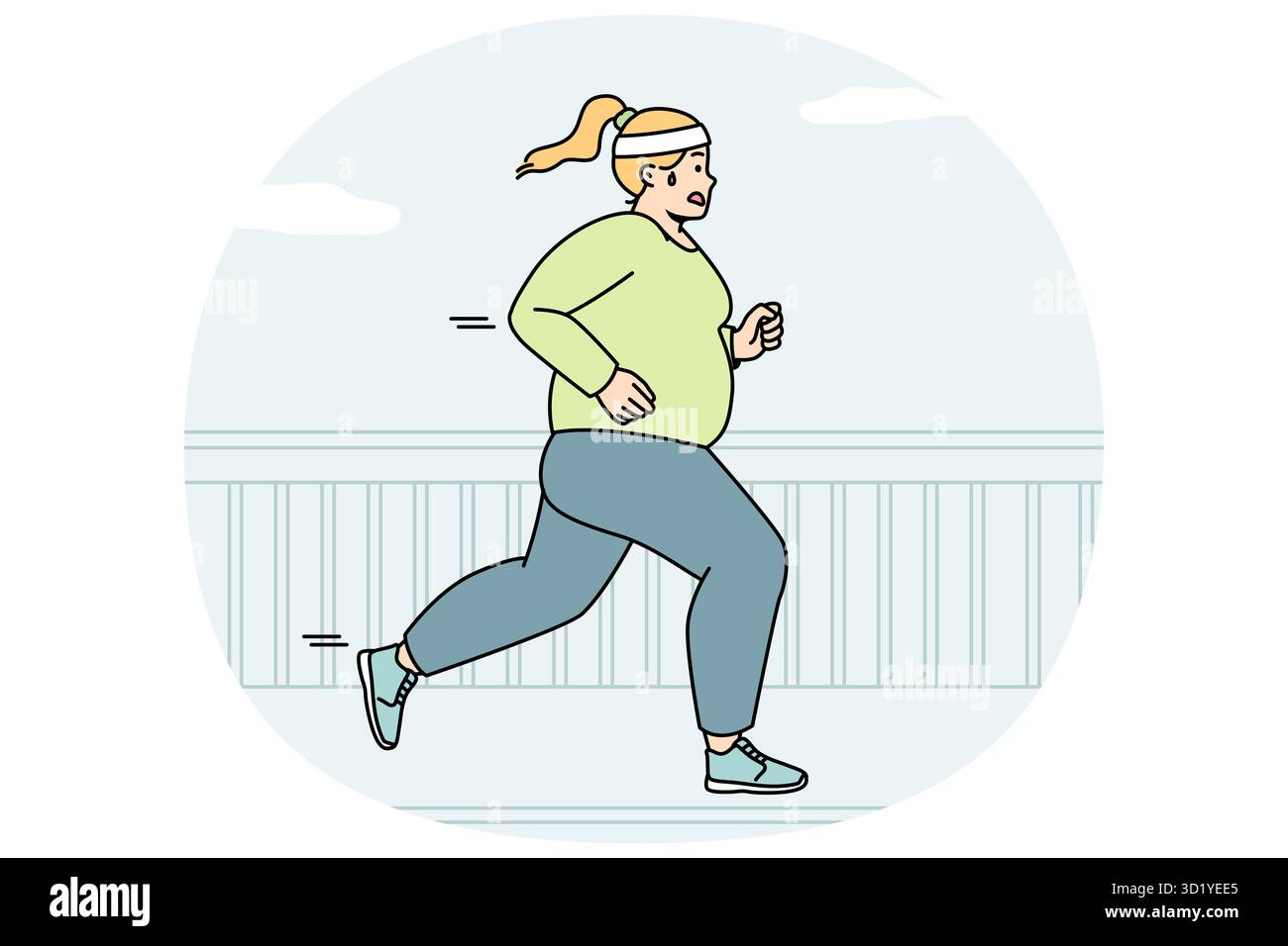 Une femme qui court dans la rue pour être en forme. FAT Girl fait de l'entraînement cardio en plein air pour brûler des calories. Une dame qui fait du jogging dans la ville, participe à un marathon. Banque D'Images