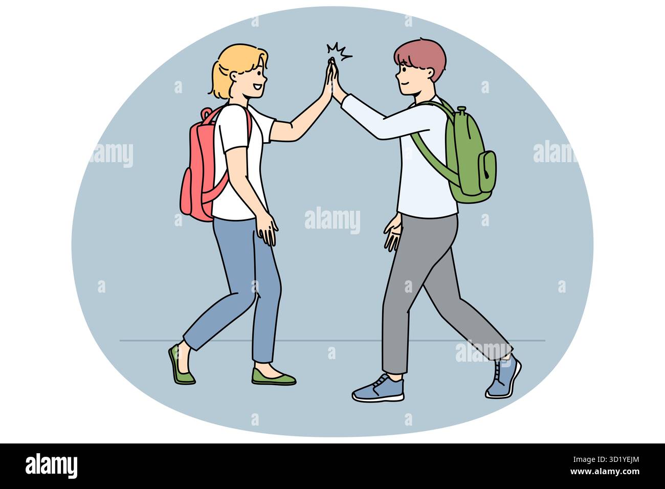 Les écoliers souriants qui marchent à l'extérieur donnent cinq hauts. Saluez des amis heureux en utilisant une communication non verbale. Illustration vectorielle. Banque D'Images
