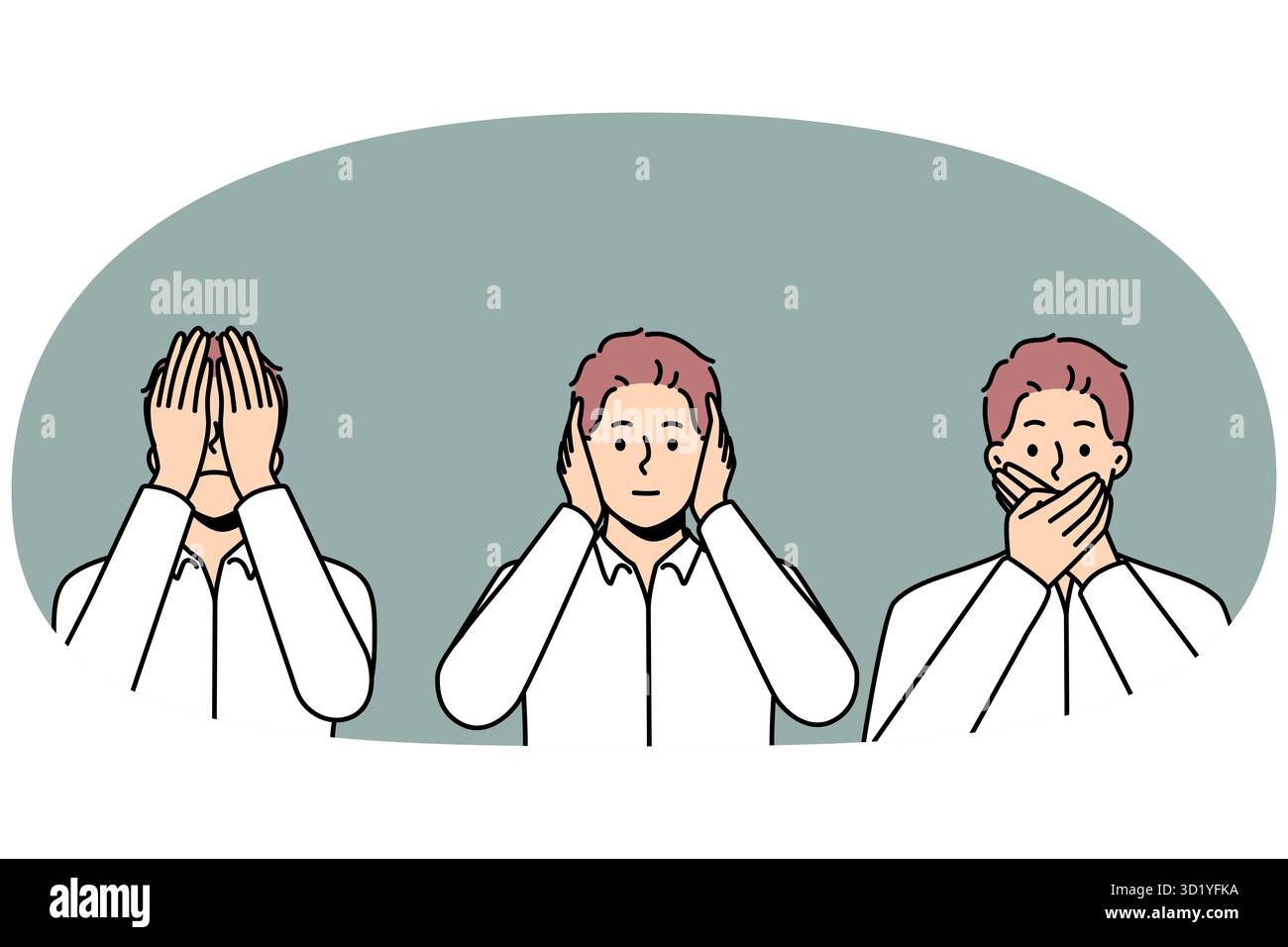 Ensemble de jeunes hommes faisant différentes expressions du visage. Collection de gars la bouche, les oreilles et les yeux démontrent des émotions. Illustration vectorielle. Banque D'Images