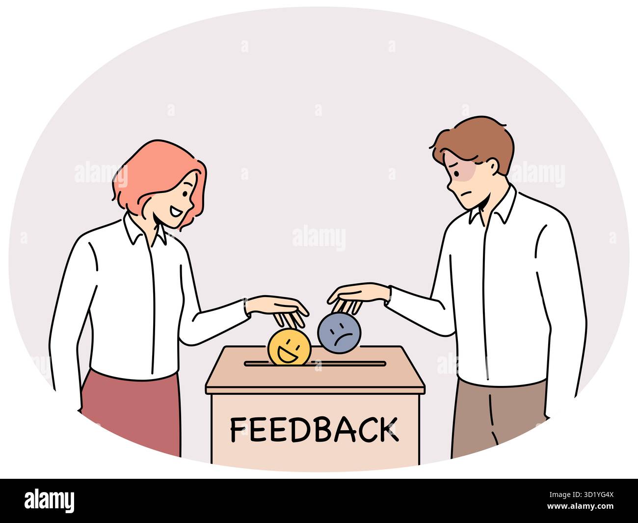 L'homme et la femme qui lancent des émojis dans la boîte donnent des commentaires positifs ou négatifs pour le service. Les gens aiment ou n'aiment pas le service de l'entreprise. Illustration vectorielle. Banque D'Images