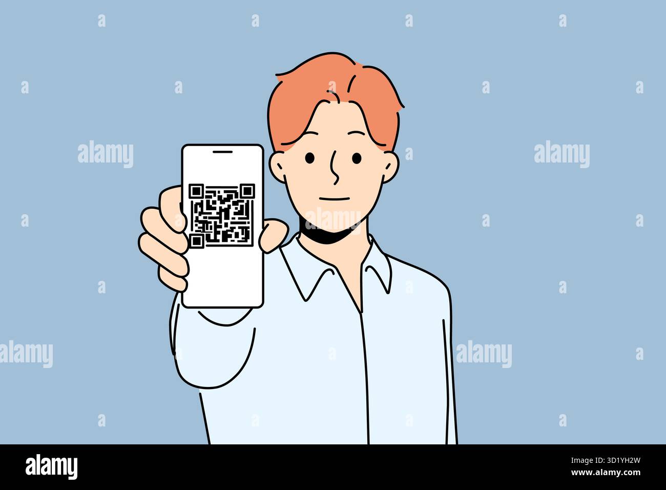 Homme avec téléphone portable montrant le code QR sur l'écran du gadget. Guy montre le code numérique sur le téléphone intelligent. Technologie et réalité virtuelle. Illustration vectorielle Banque D'Images