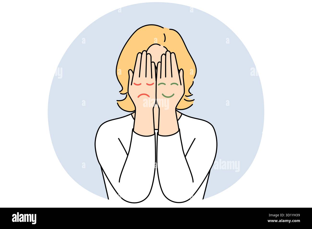 Femme couvre le visage avec les mains avec des emojis de différents états d'humeur. Les femmes souffrent de trouble bipolaire ou de sautes d'humeur. Problème psychologique. Vecteur il Banque D'Images