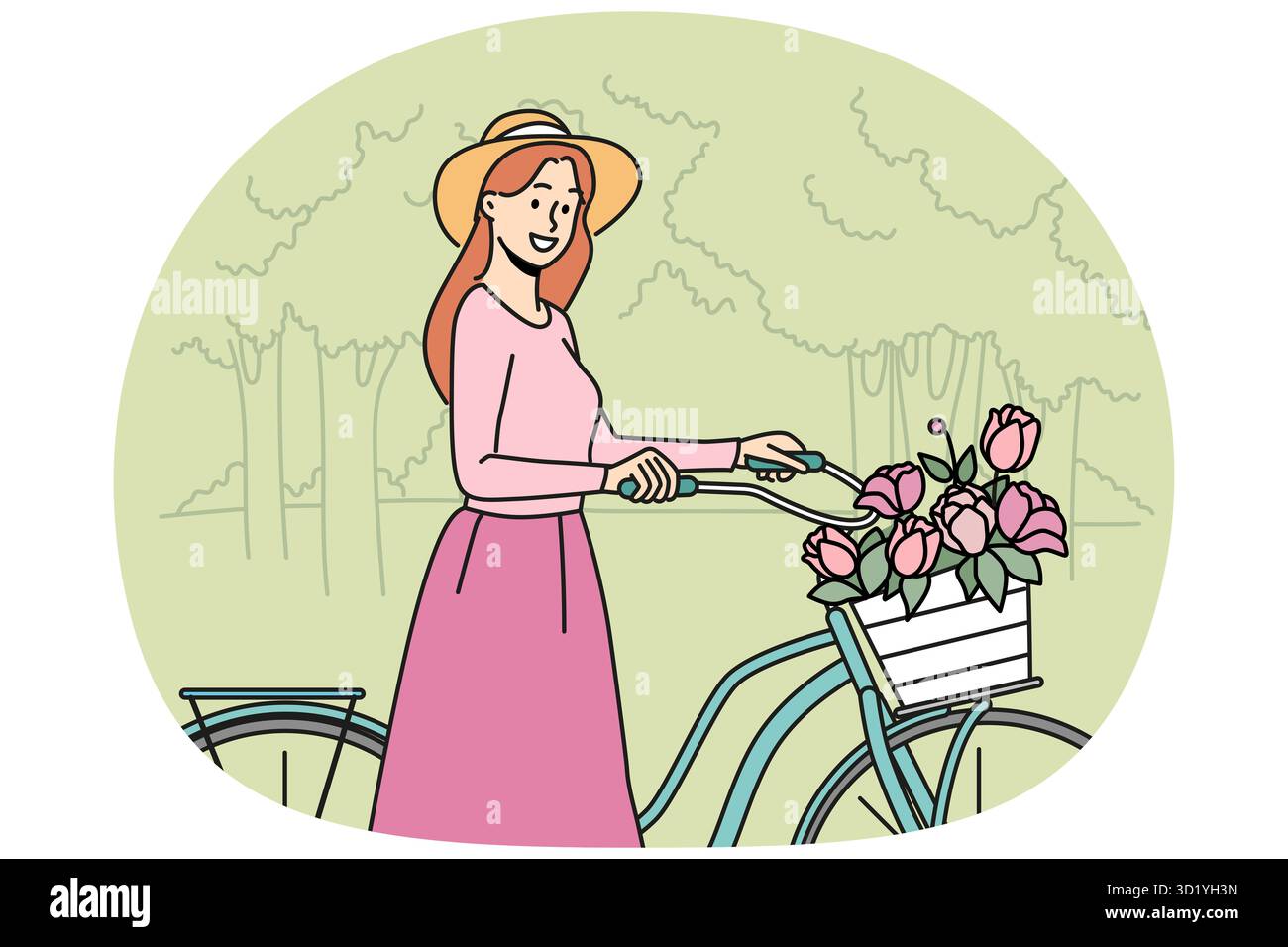 Femme souriante à vélo avec panier de fleurs dans le parc d'été. Bonne fille avec vélo profiter de la promenade dans la forêt en été. Illustration vectorielle. Banque D'Images