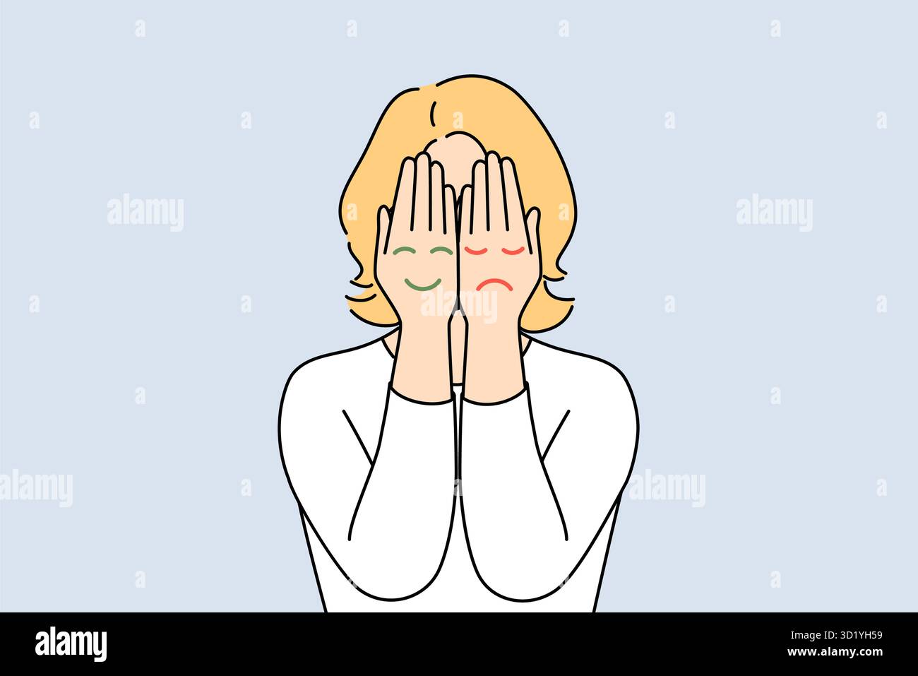 Femme couvre le visage avec les mains avec des emojis de différents états d'humeur. Les femmes souffrent de trouble bipolaire ou de sautes d'humeur. Problème psychologique. Vecteur il Banque D'Images