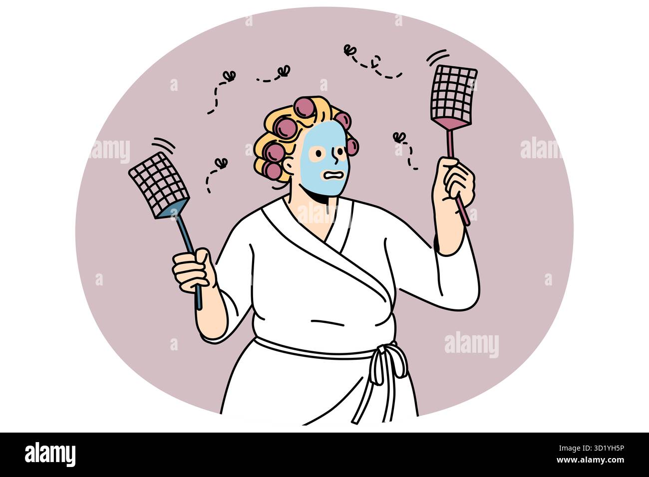 Drôle de femme en surpoids dans le peignoir et le masque sur le visage battent les insectes avec des tapettes de mouche. Femme anxieuse chassant les mouches avec un outil spécial. Illustration vectorielle Banque D'Images
