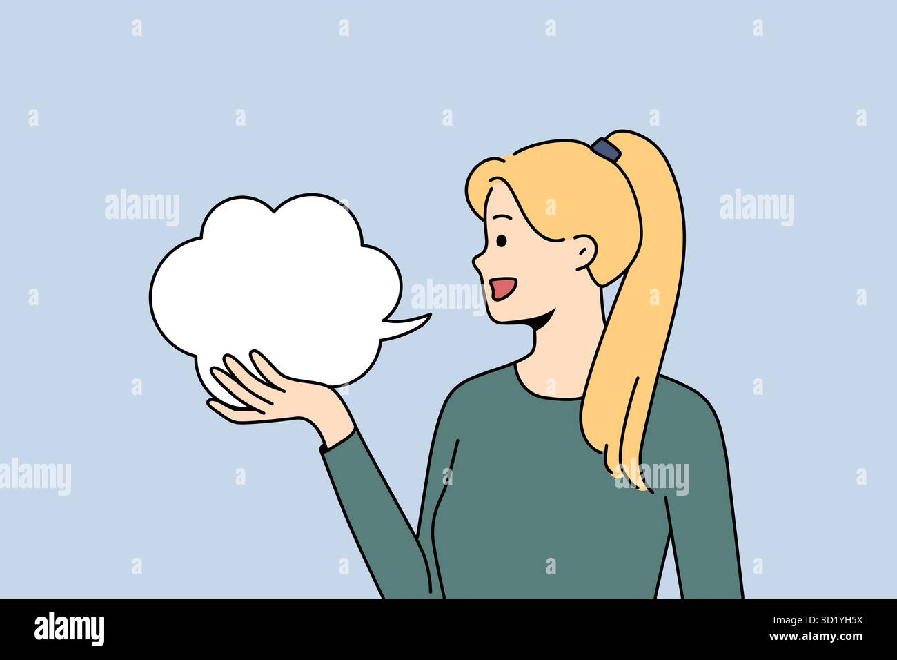 Une jeune fille souriante tenant une bulle d'expression exprime son opinion ou sa pensée. Bonne femme avec parler ballon parler ou dire quelque chose. Illustration vectorielle. Banque D'Images