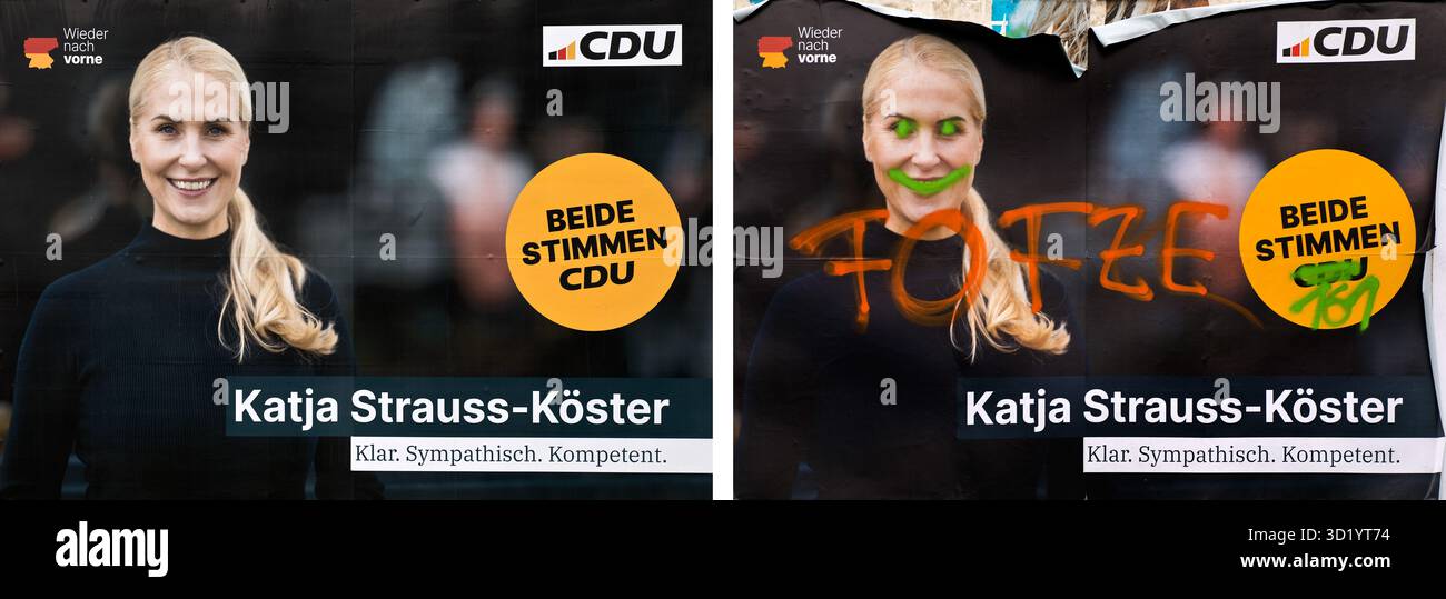 Deux grandes affiches pour les élections fédérales de 2025 de la CDU avec Katja Strauss-Koester, diffamation Banque D'Images