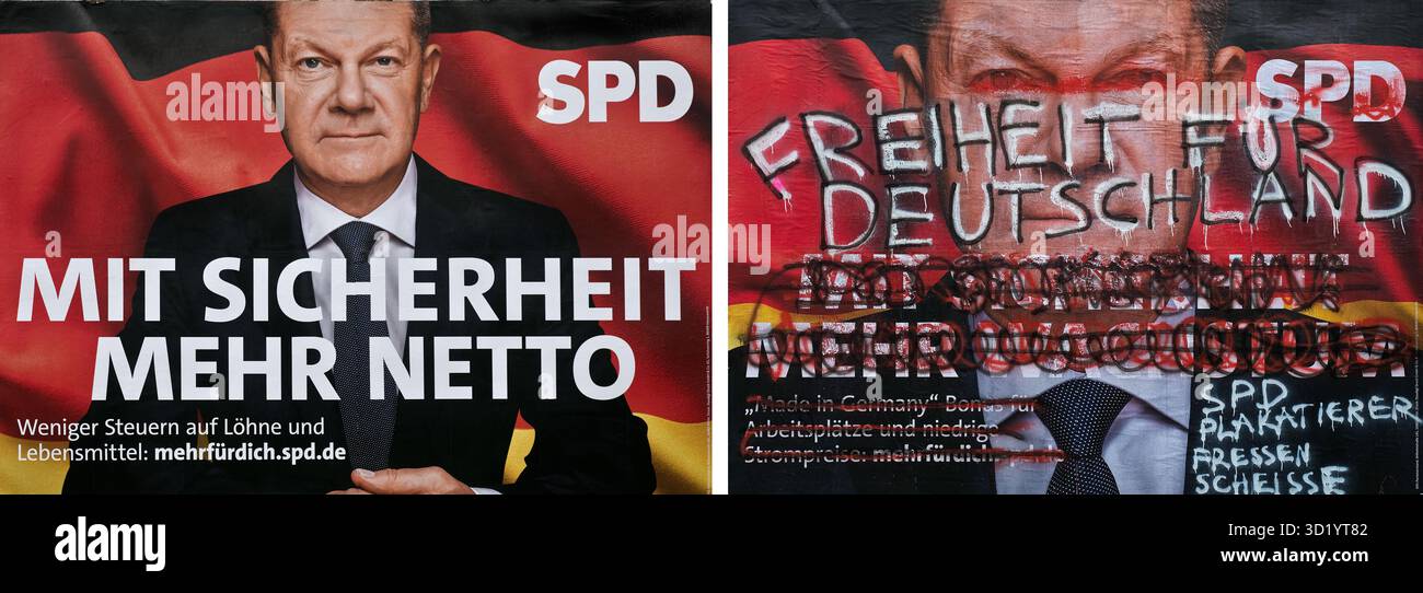 Deux grandes affiches pour l'élection fédérale de 2025 du SPD avec Olaf Scholz, diffamation, Allemagne Banque D'Images