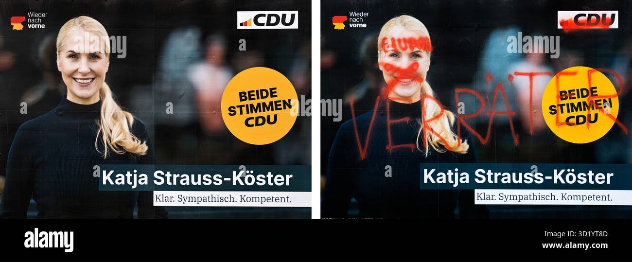 Deux grandes affiches pour les élections fédérales de 2025 de la CDU avec Katja Strauss-Koester, diffamation Banque D'Images