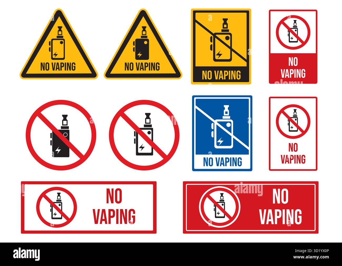 Variété de panneaux No Vaping dans différents styles soulignant l'interdiction de la vapotage dans les espaces publics et privés pour la sécurité sanitaire. Illustration de Vecteur