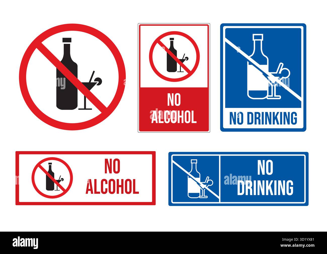Variété de panneaux interdisant la consommation d'alcool, y compris « pas d'alcool » et « pas de boisson », mettant l'accent sur la sécurité et la sensibilisation à la santé. Illustration de Vecteur