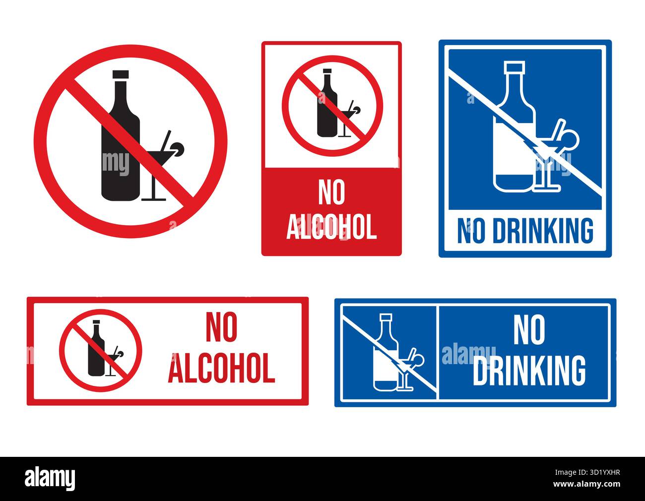 Variété de panneaux interdisant la consommation d'alcool, y compris « pas d'alcool » et « pas de boisson », mettant l'accent sur la sécurité et la sensibilisation à la santé. Illustration de Vecteur