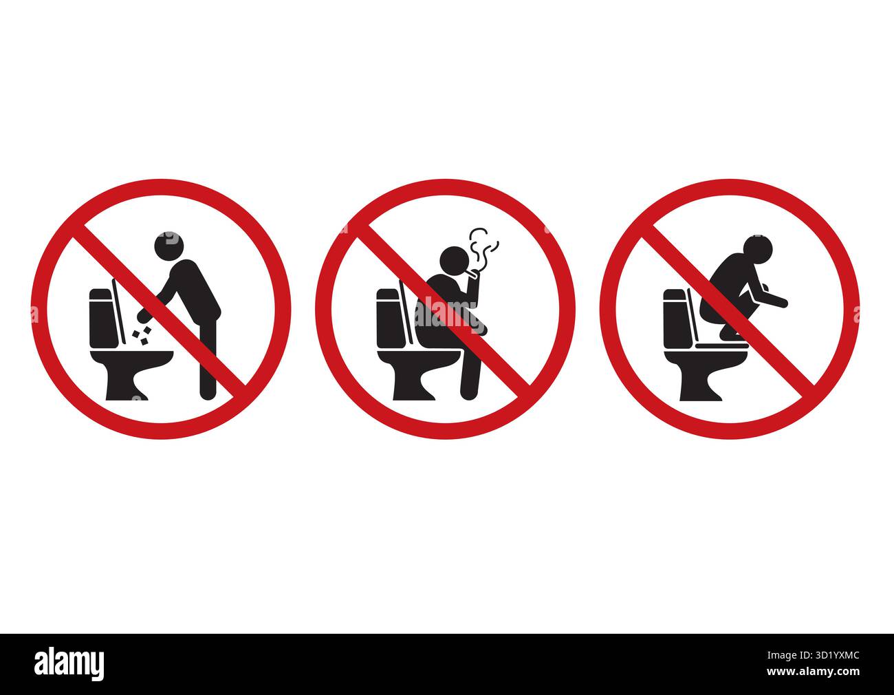 Ensemble de panneaux « aucune activité » indiquant les actions interdites dans les toilettes afin de maintenir les normes de propreté et d'hygiène dans les installations publiques. Illustration de Vecteur