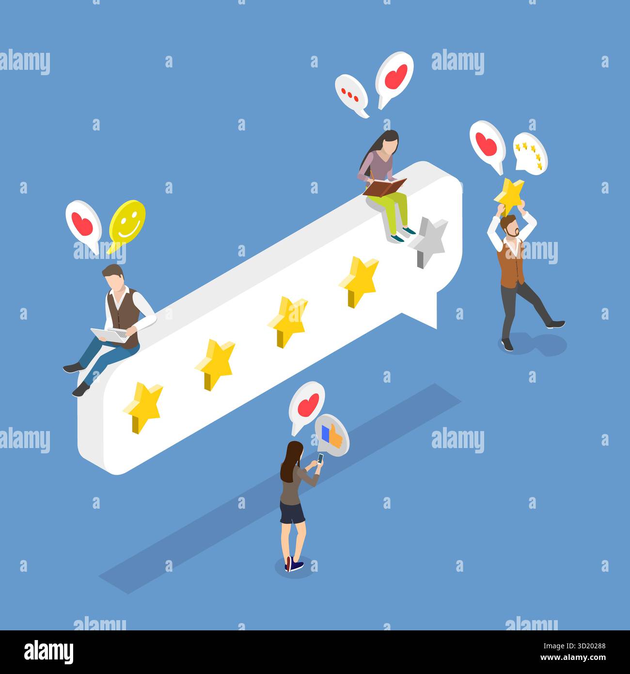 Illustration plate isométrique 3D de Five Stars Rating, évaluation de l'avis des clients illustration plate isométrique 3D de Five Stars R. Banque D'Images