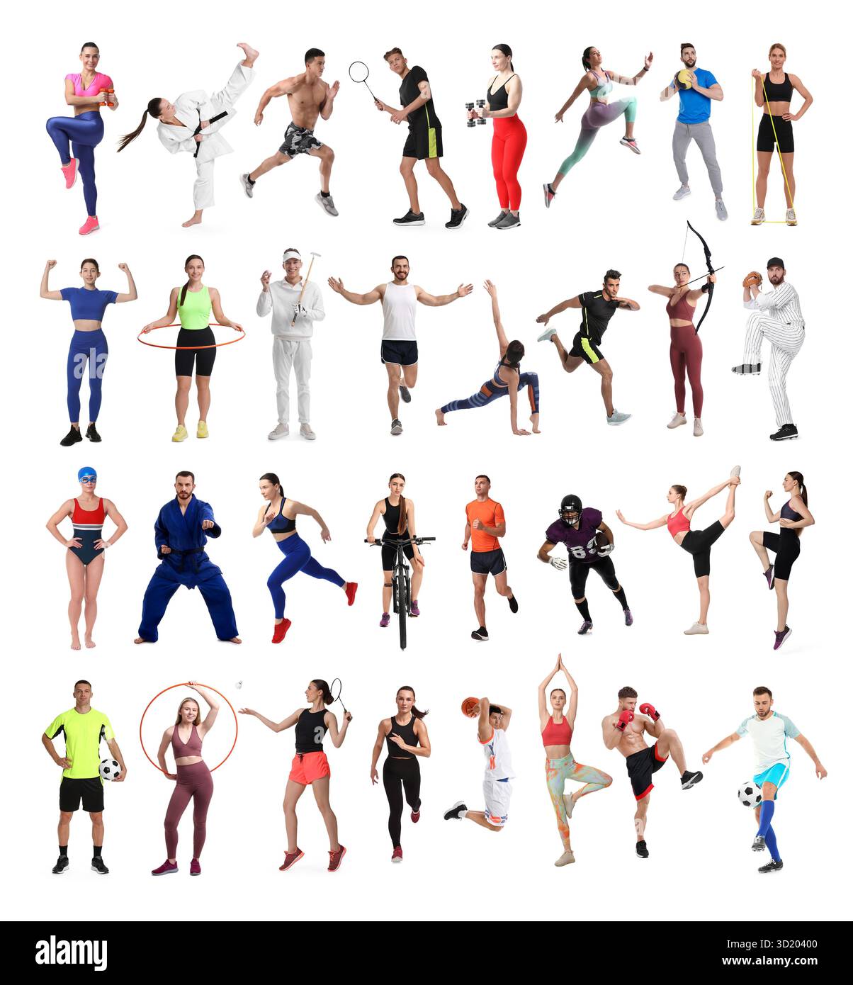 Activités sportives. Différentes personnes en vêtements de sport sur fond blanc, collage Banque D'Images