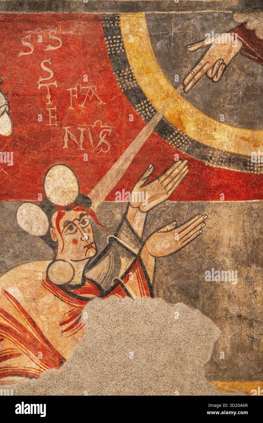 Lapidation de Saint-Étienne, fresque romane, vers 1100, église Sant Joan de Boí, Alta Ribagorça, Musée National de Catalo Banque D'Images