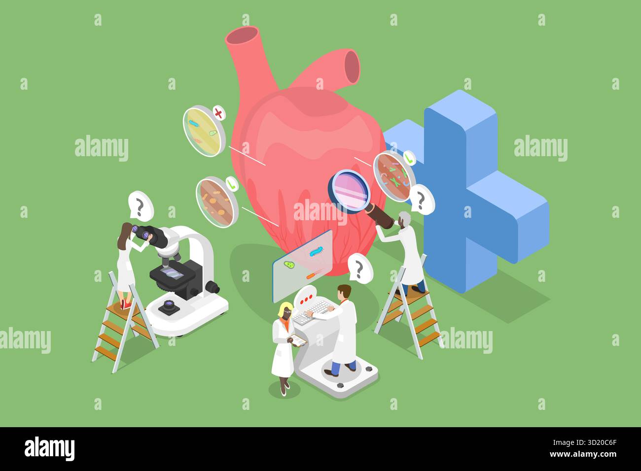 Illustration plate isométrique 3D de la détection et de la recherche de micro-organismes intestinaux, de la médecine et des soins de santé Isométrique 3D. Banque D'Images