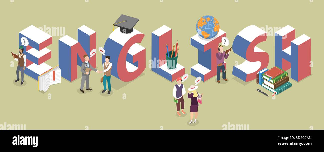 Illustration plate isométrique 3D de l'apprentissage de l'anglais, de l'éducation, de la langue étrangère illustration plate isométrique 3D de l'apprentissage Eng Banque D'Images