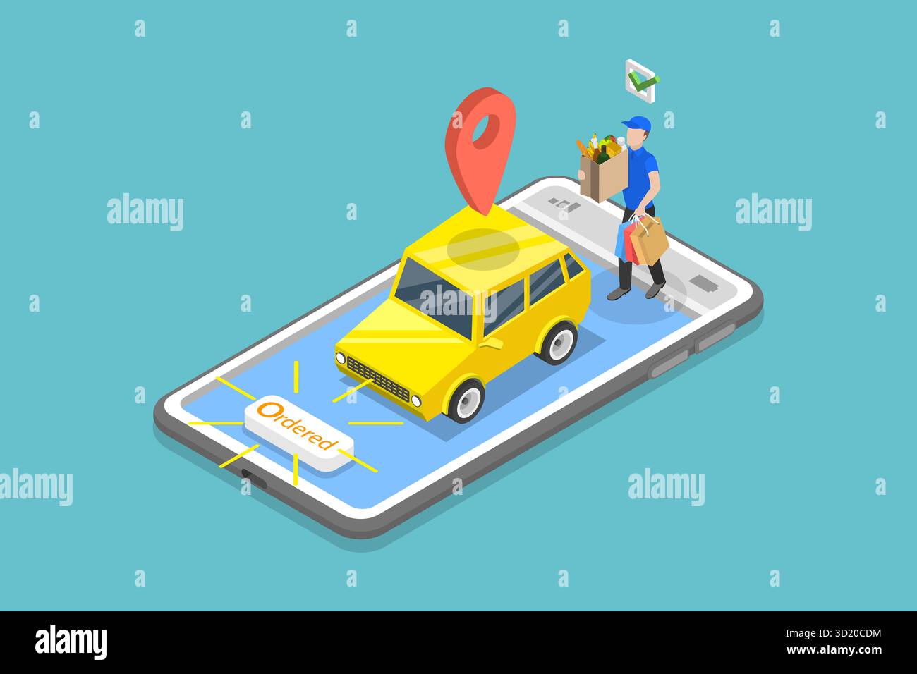 Illustration plate isométrique 3D de la livraison de nourriture, commander des épiceries en ligne illustration plate isométrique 3D de la livraison de nourriture, commander Banque D'Images