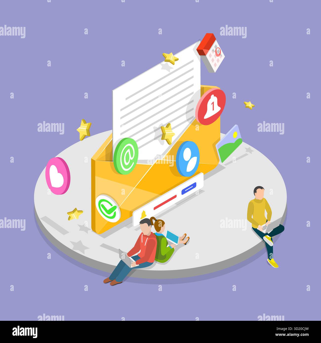 Illustration plate isométrique 3D de l'enveloppe d'e-mail, notification d'e-mail non lu illustration plate isométrique 3D de l'enveloppe d'e-mail, Banque D'Images