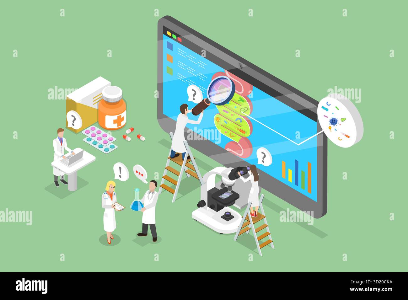 Illustration plate isométrique 3D de la recherche sur le microbiome intestinal , clinique de gastro-entérologie illustration plate isométrique 3D de la MICR intestinale Banque D'Images