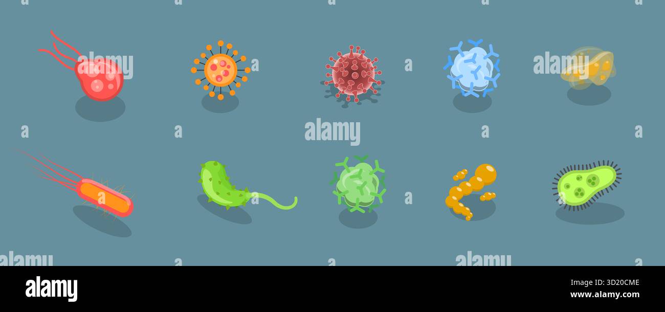 Ensemble plat isométrique 3D de virus et de microbes, infection bactérienne microorganismes ensemble plat isométrique 3D de virus et microbes Banque D'Images