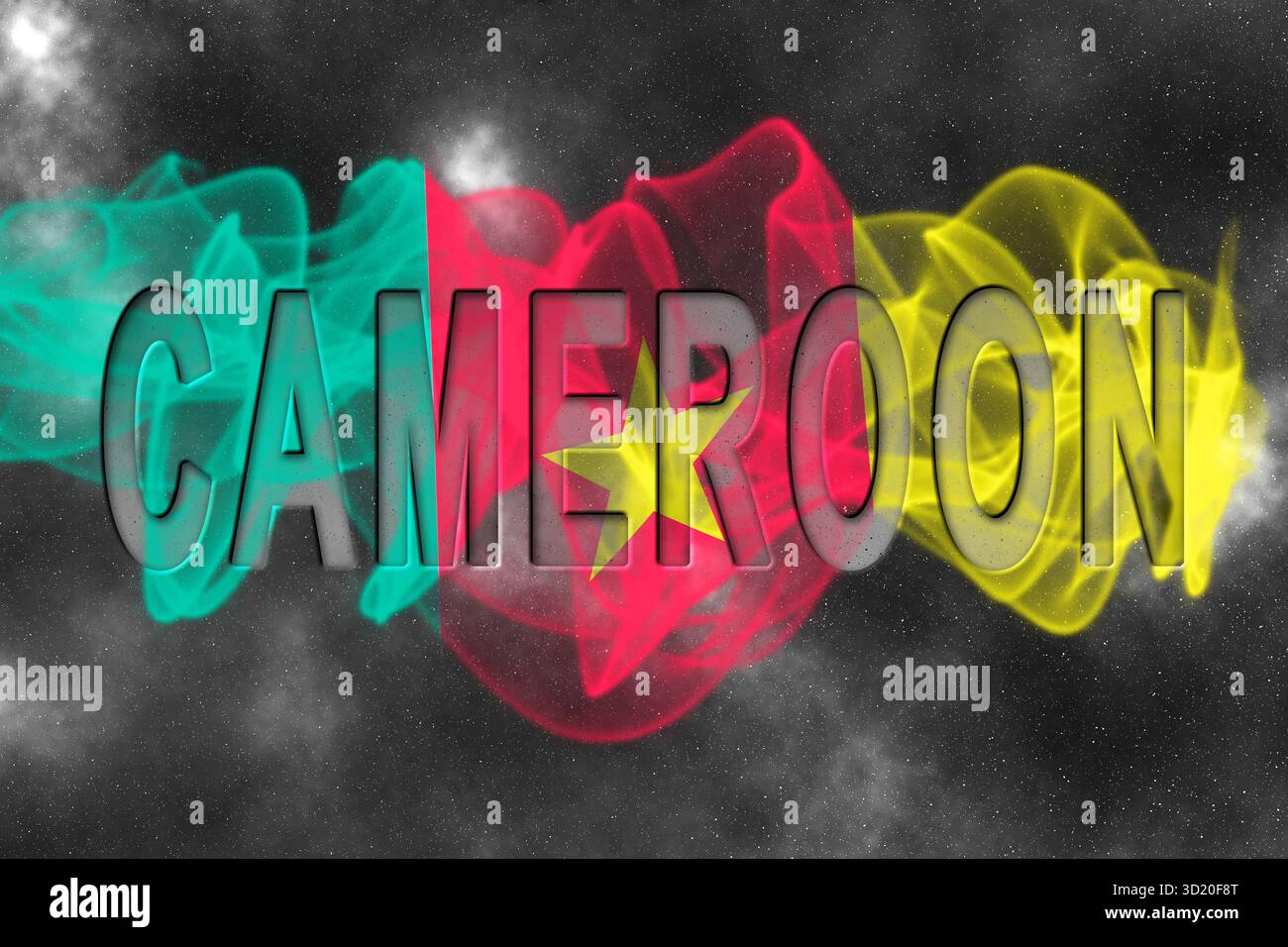 Drapeau Cameroun avec effet de fumée de fond étoilé Banque D'Images