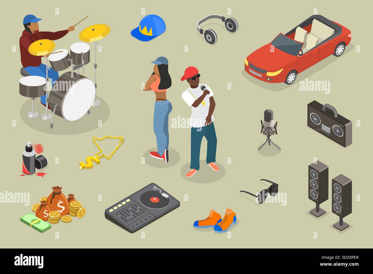 Illustration plate isométrique 3D de musique Rap et de style Hip-hop, ensemble d'éléments graphiques Banque D'Images