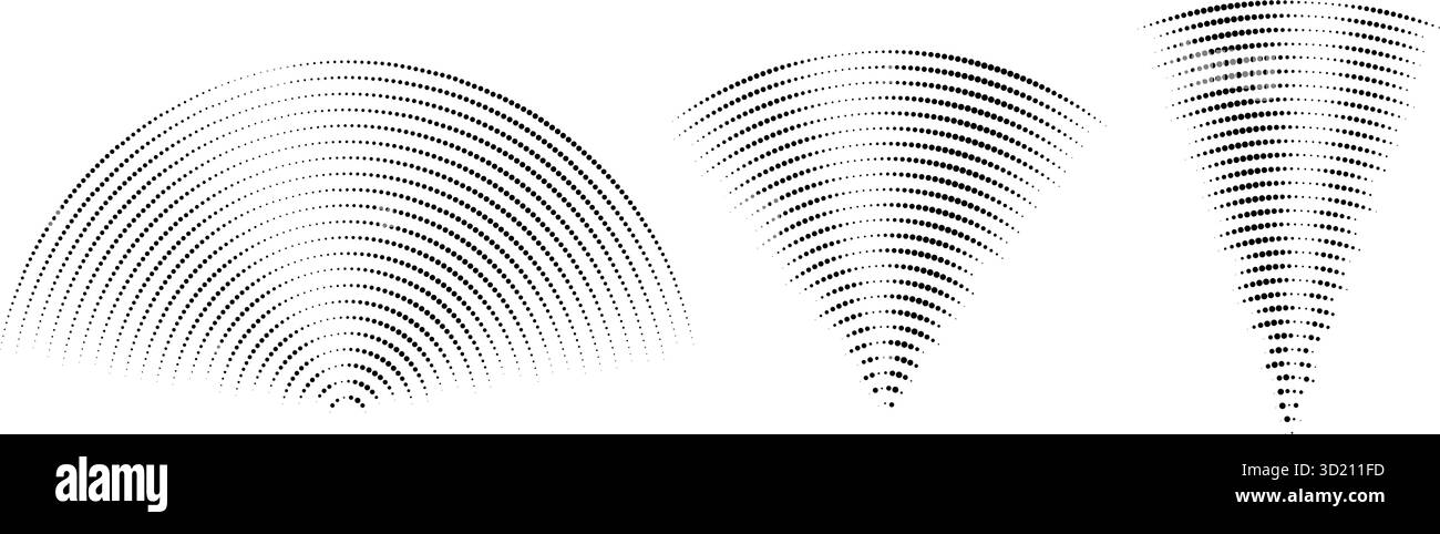 Ensemble de signaux d'ondes sonores en pointillés. Collection d'icônes de radio radiale et de musique audio. Faisceau de panneaux D'ELEMENTS vibrants radar ondulés. Pack impulsion incurvé noir. Symboles d'ondes sonores d'écho. Vecteur Illustration de Vecteur