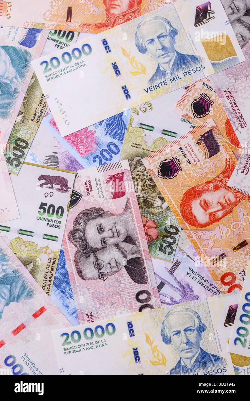 Fond de papier monnaie argentin peso, billets avec différentes coupures Banque D'Images