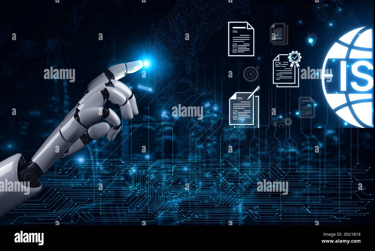 Un assistant IA automatise le processus métier pour la certification ISO et la gestion de la qualité. Ce système intelligent assure la conformité avec chaque internati Banque D'Images