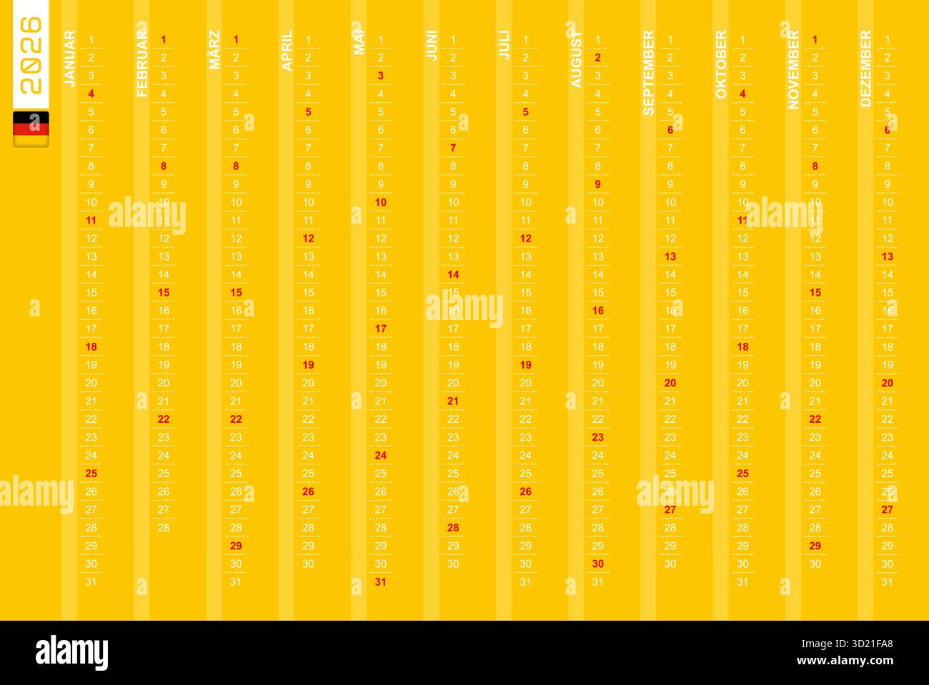 Calendrier vertical à une rangée pour l'année 2026 en allemand. Calendrier allemand pour 2026 avec les dimanches mis en évidence. Illustration vectorielle. Illustration de Vecteur