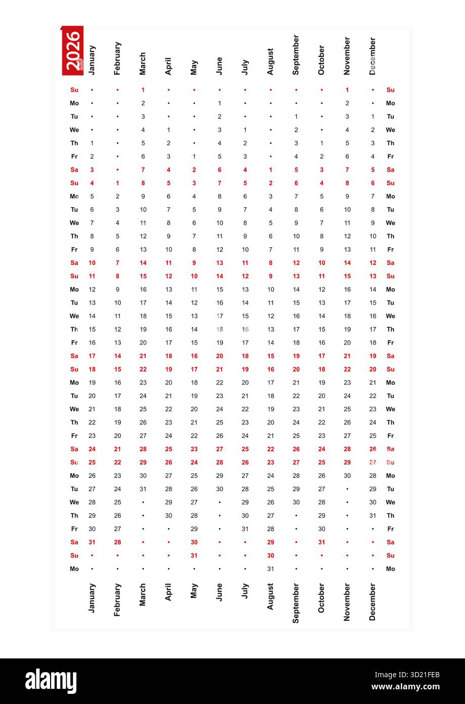 Calendrier vertical d'une rangée 2026, dimanche premier jour de la semaine. Calendrier vectoriel. Illustration de Vecteur